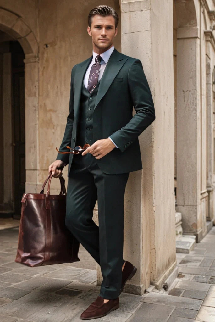 Men dark pine green three piece suit for office wear-front