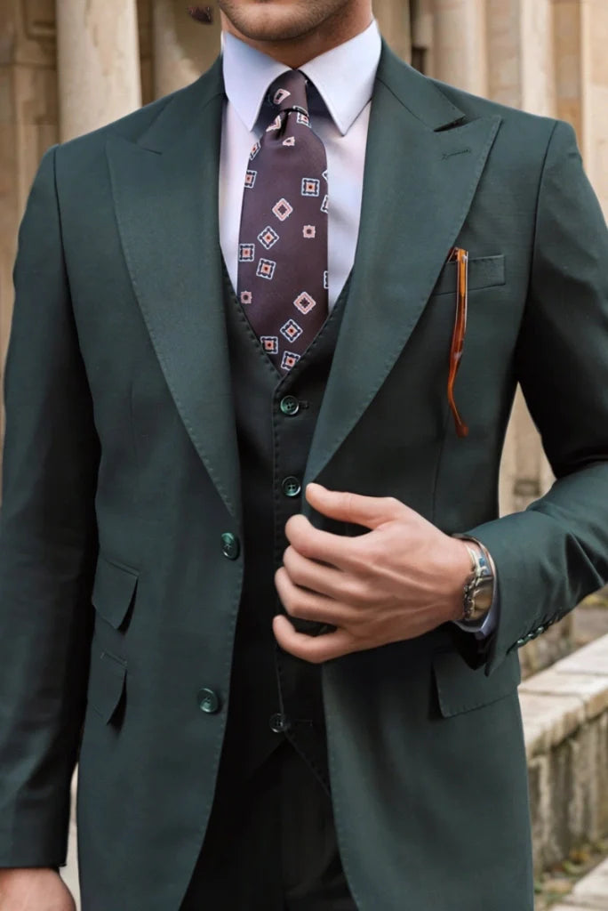 Dark pine green three piece suit for men
