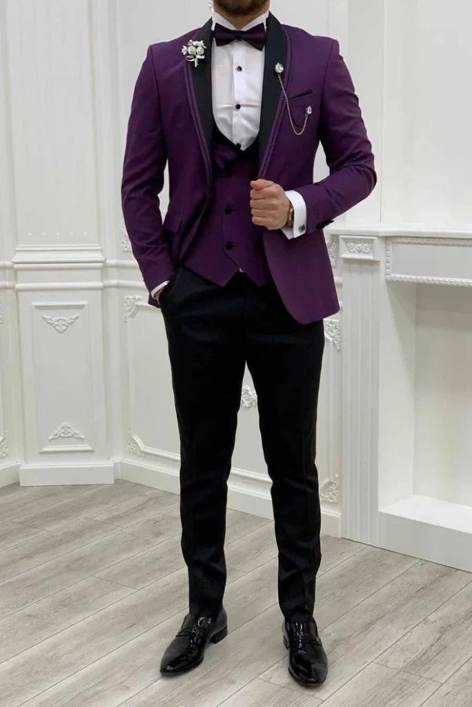 Men dark purple three piece suit with blazer, waistcoat and trousers-Full front