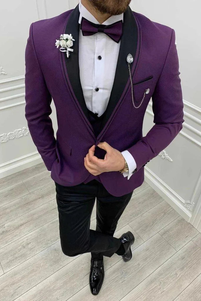 Men tailored dark purple three piece formal suit for party events