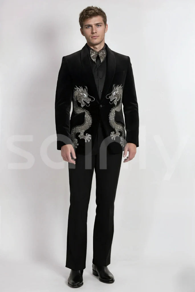 men black velvet wedding suit for men-Front