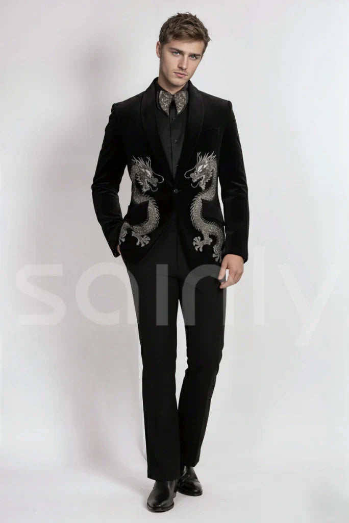 groomsmen wedding wear black suit -Front