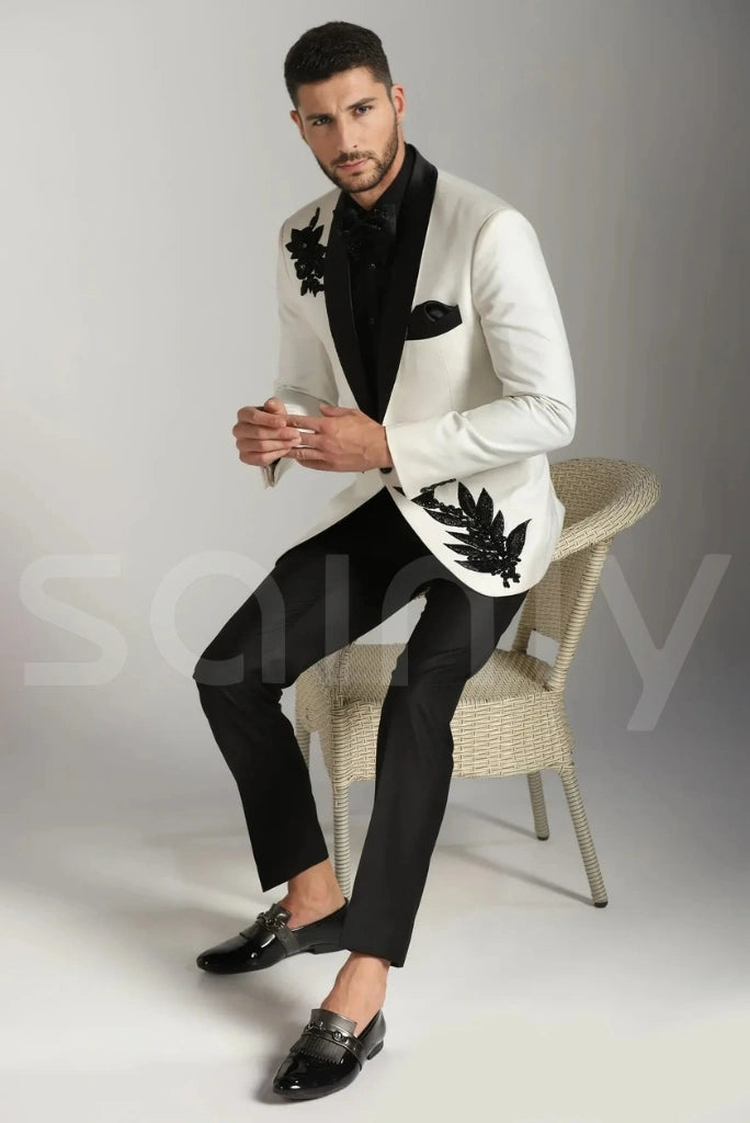 White and black contrast suit ideal for business and formal events-side
