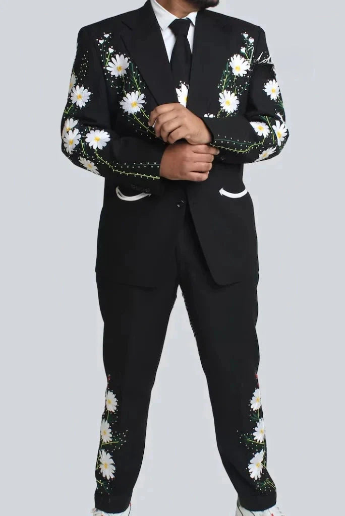 Men black suit with white embroidery-front