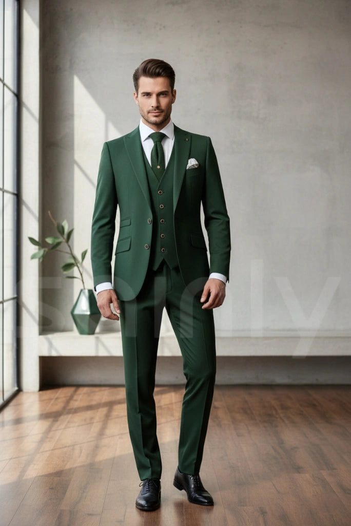 Stylish men wearing emerald green formal suit-front