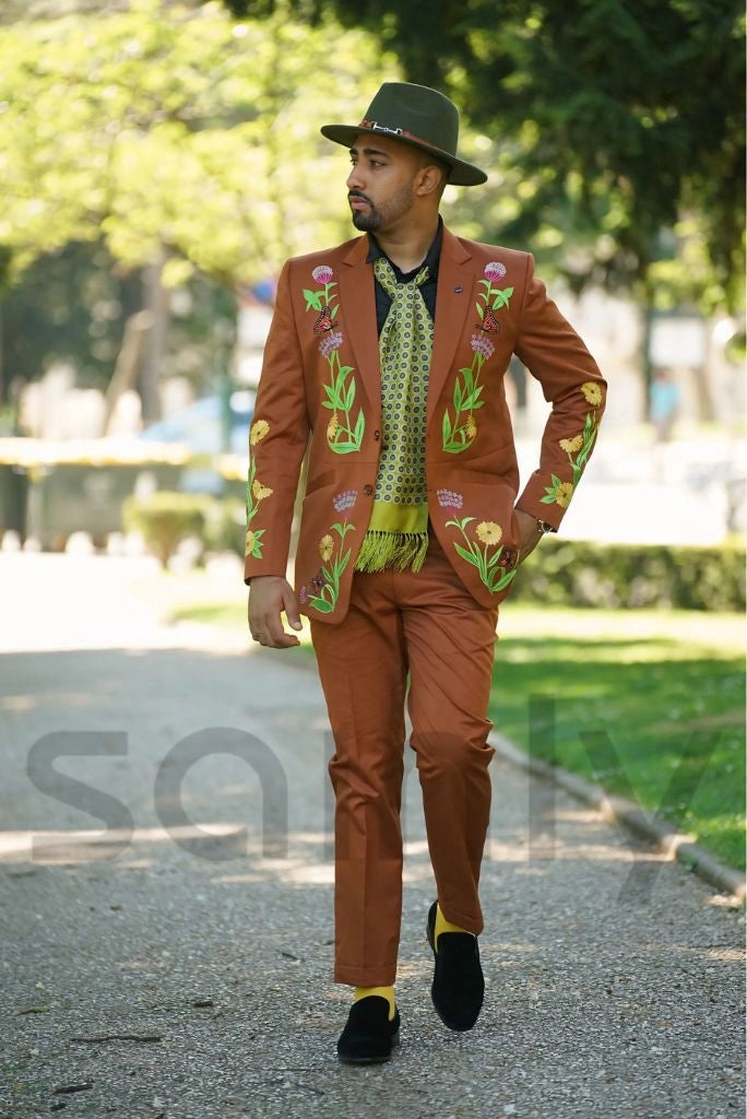 Men rust embroidered 2 piece suit front