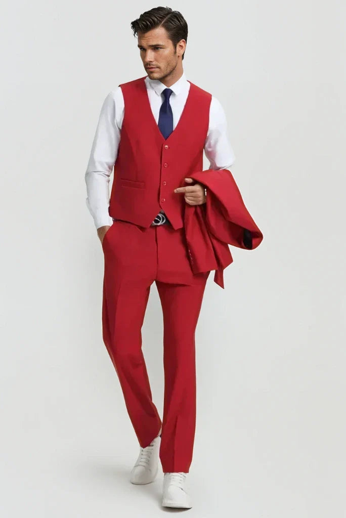 Red formal three piece suit