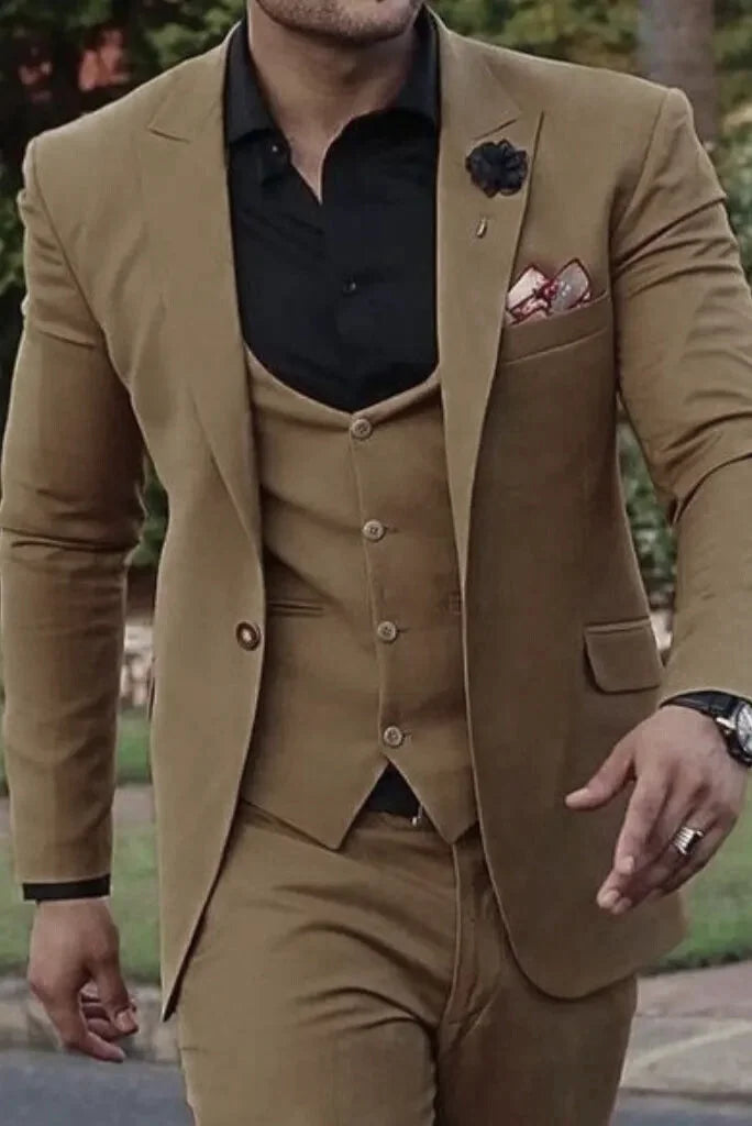 Men golden brown three piece suit for weddings-front