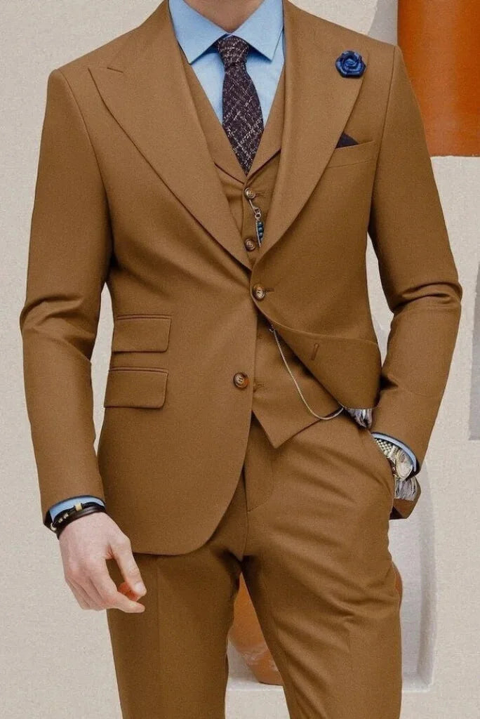 Men golden brown 3 piece suit -front