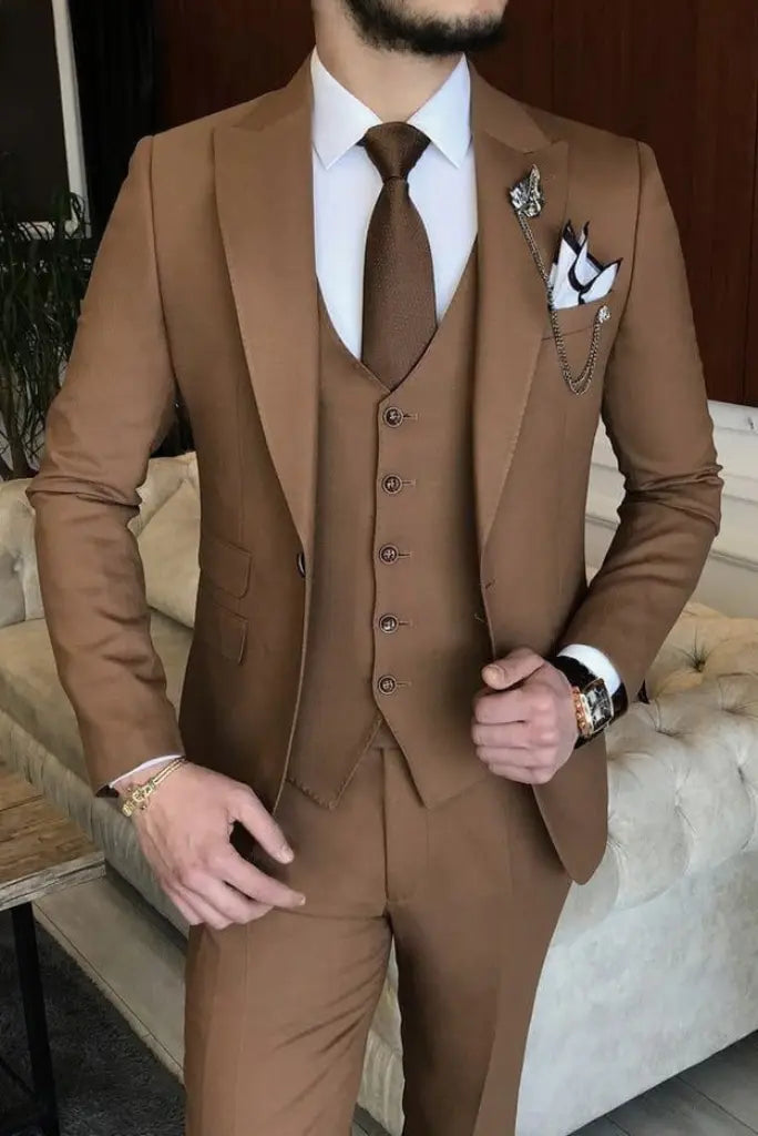 Men Golden-Brown 3-Piece Suit | Elegant Reception and Dinner Party Wear