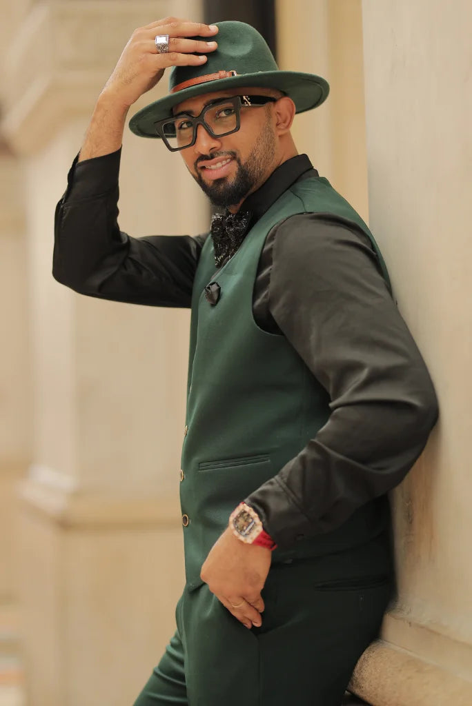 Stylish emerald green three piece suit for festive and celebration occasions-Side