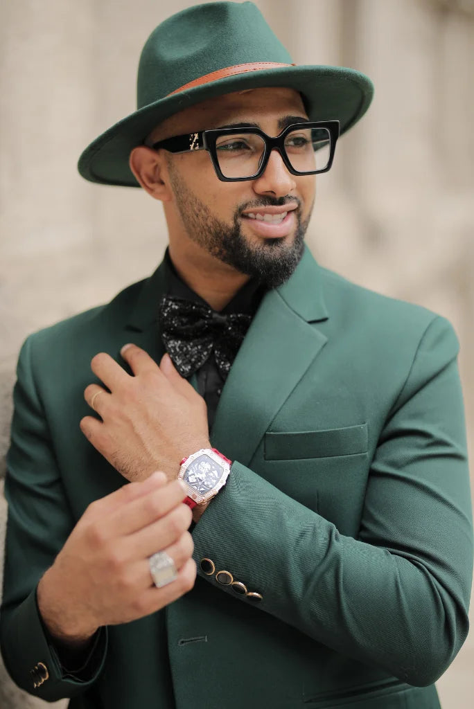 Modern men’s emerald green three piece suit for wedding functions and gatherings
