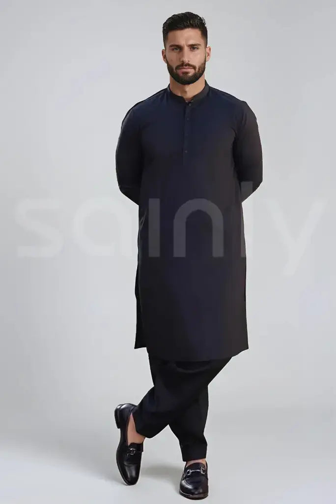 Man Wedding Black Kurta With Salwar Set