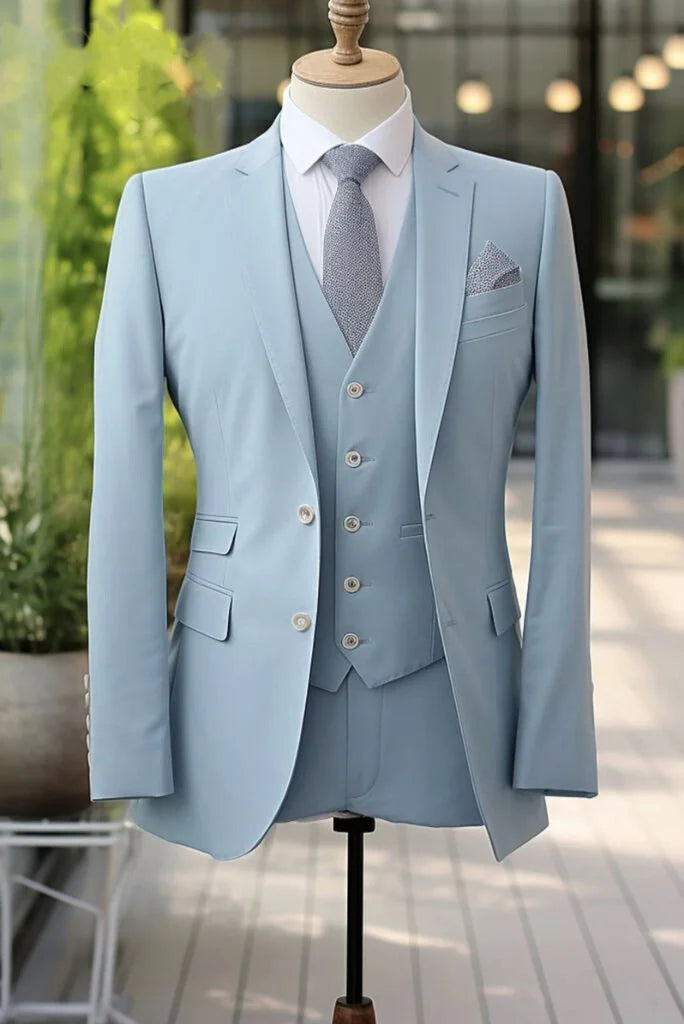 Men light blue three piece suit-front