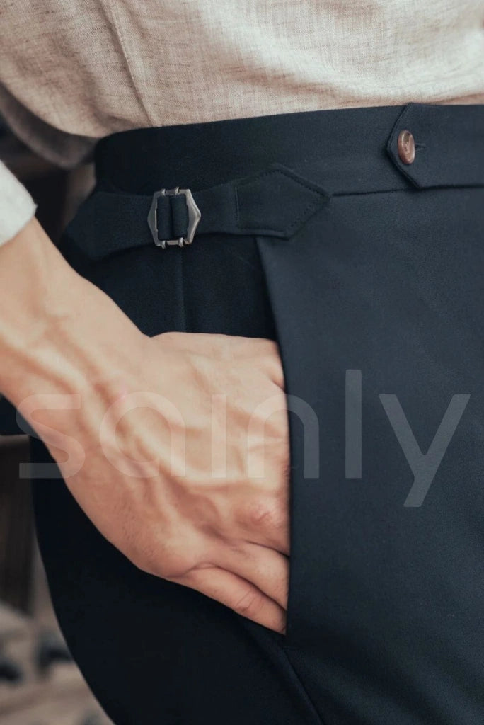 Men’s tailored navy blue pants perfect for office wear-side
