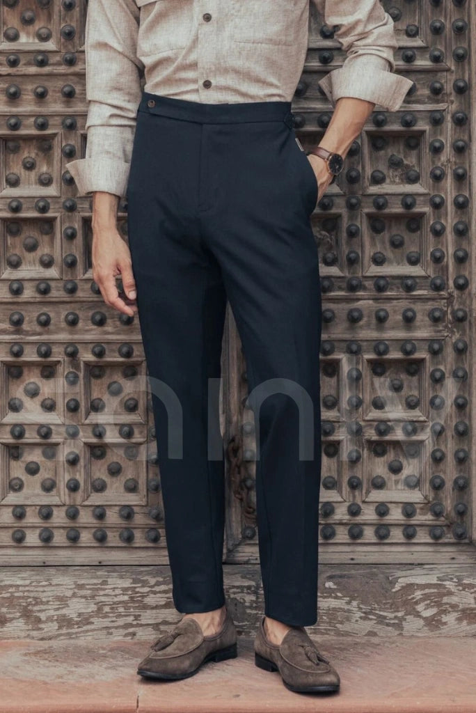 Men’s Italian navy blue dress pants with slim tailored fit-front