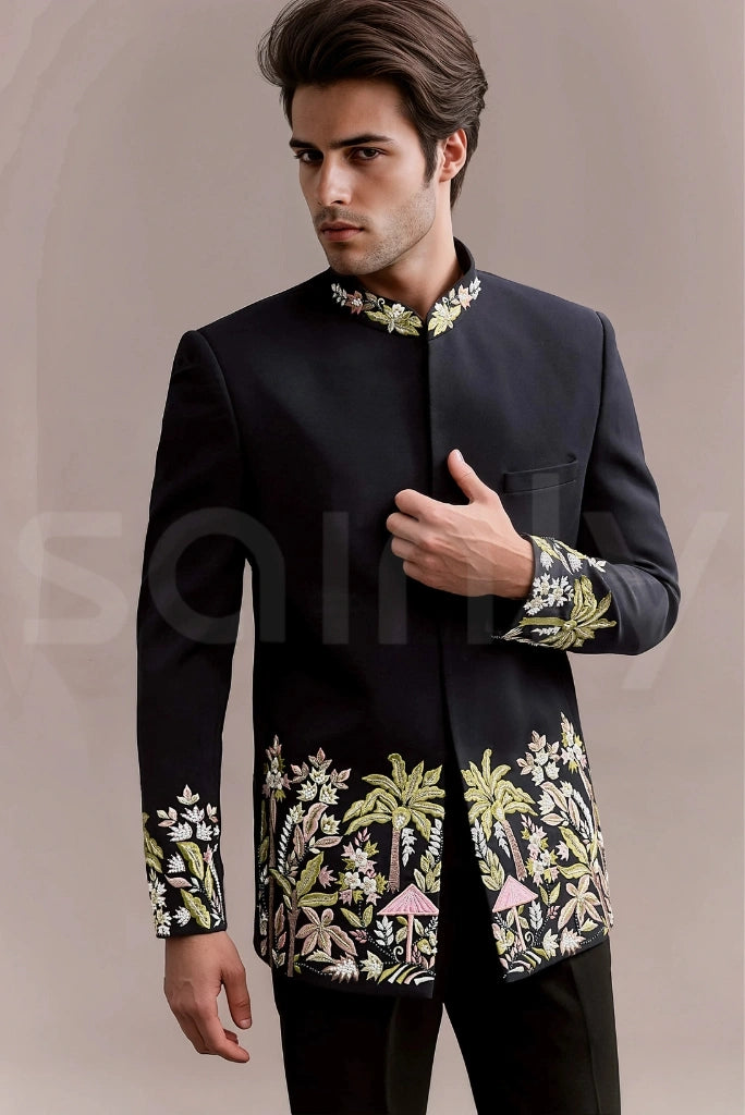 Elegant floral embroidery jodhpuri blazer set styled for Indian party-front