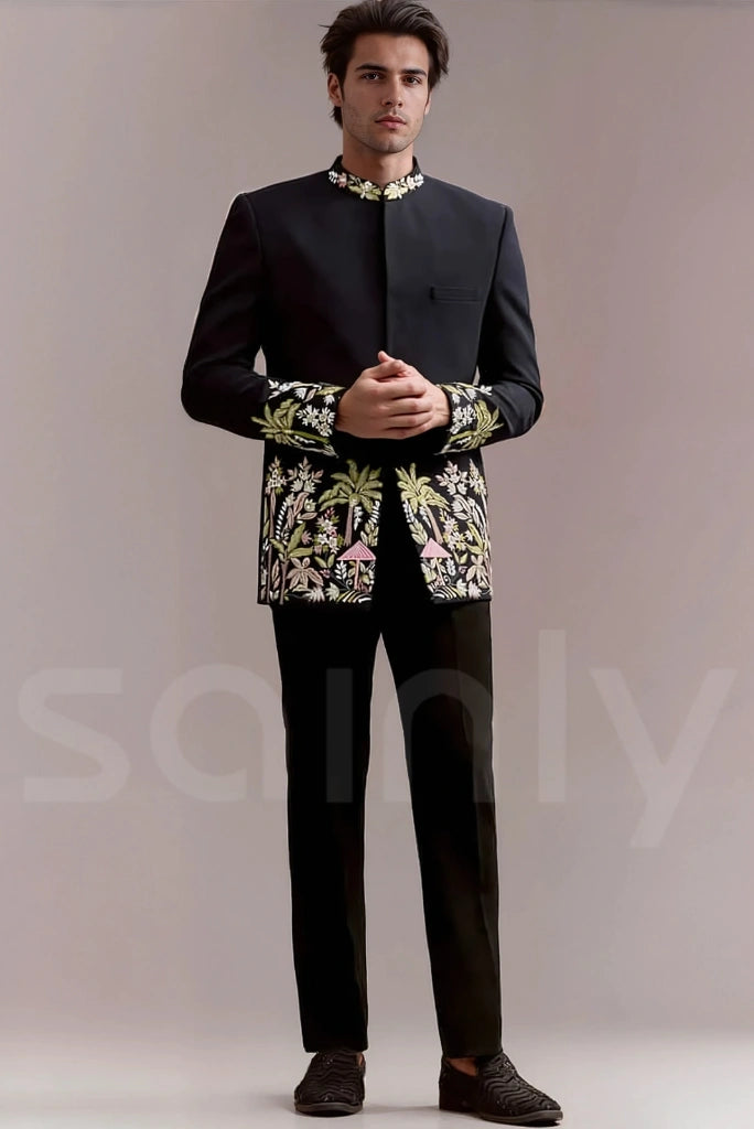 Men’s navy blue embroidered Jodhpuri suit for wedding and festive wear-front
