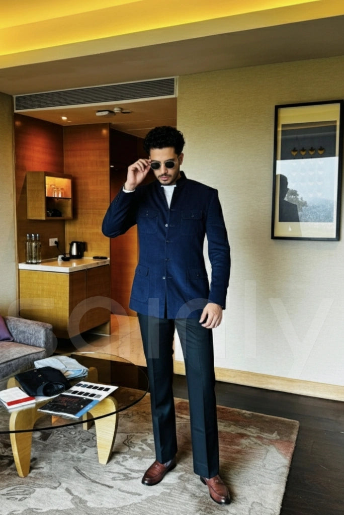 Men navy blue bushcoat jacket for wedding-front