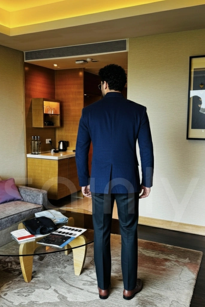 Men classic navy blue bushcoat for special occasions-back