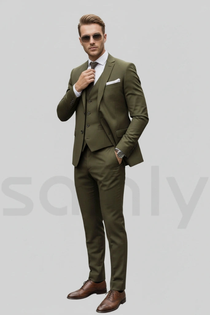 Elegant men olive green suit set for wedding and formal wear