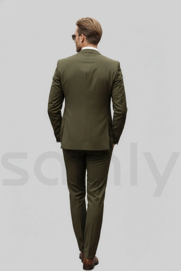 Classic men olive green three piece tailored suit-back