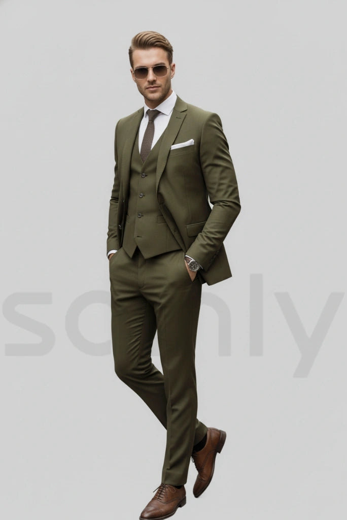 Stylish olive green three piece suit for men-side