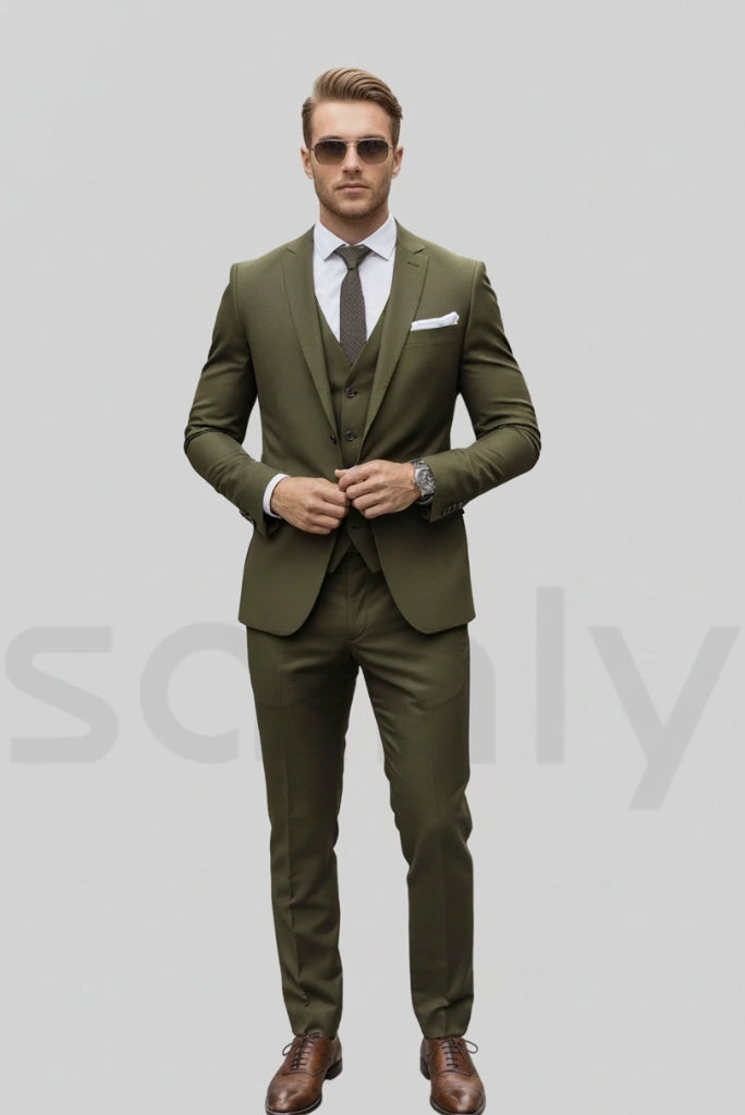 Men olive green blazer waistcoat and trouser- front