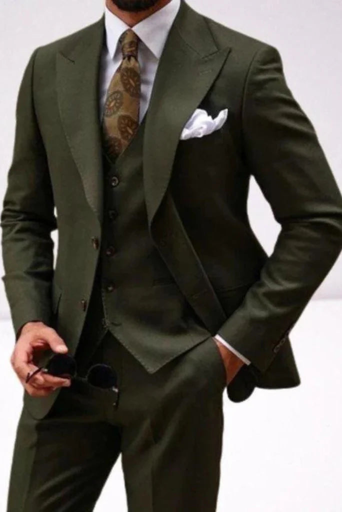 Olive Green Three Piece Wedding and Party Wear Suits For Men 