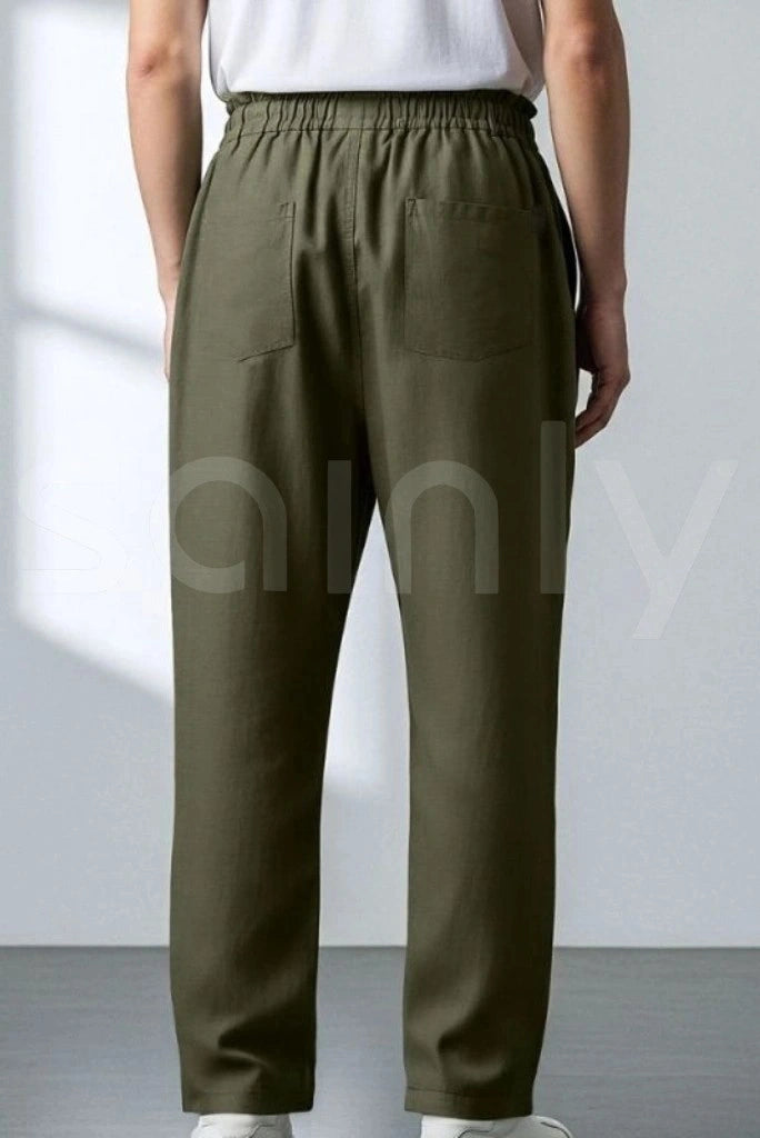 Casual olive green linen trouser for summer wear-Back