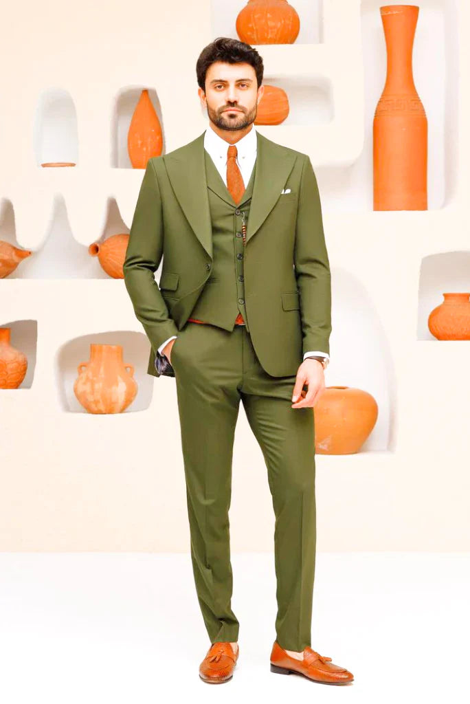 Three Piece Olive Green Formal Wedding and Party Wear Suits 
