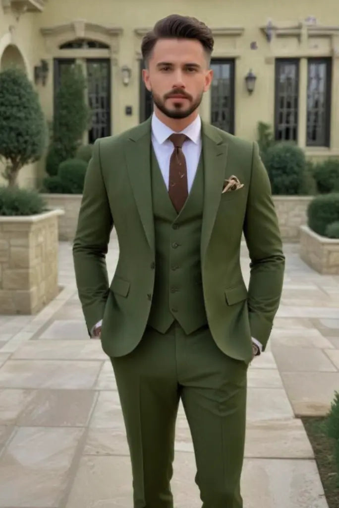 Olive Green Three Piece Suit For Men 