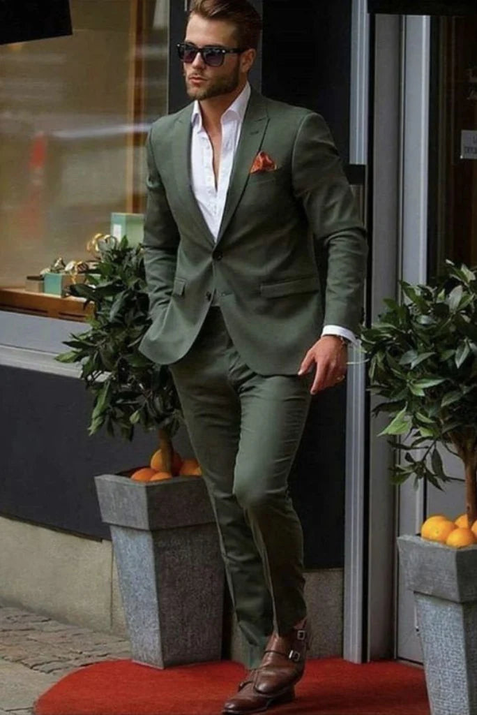 Olive Green Two Piece Suit For Men-front