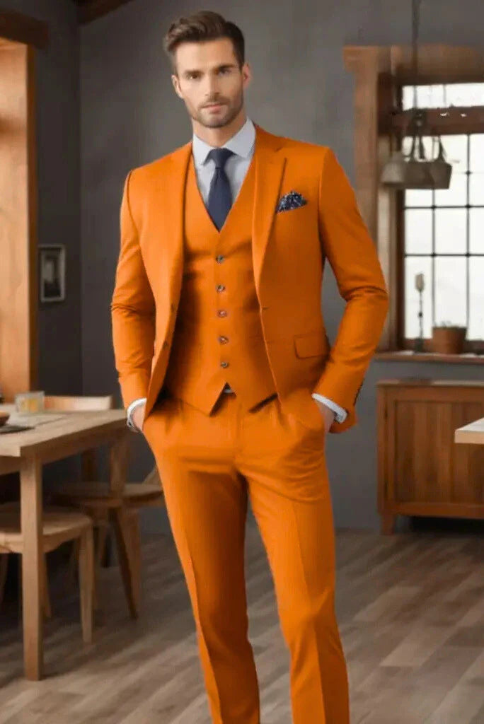 Men orange three piece suit-front