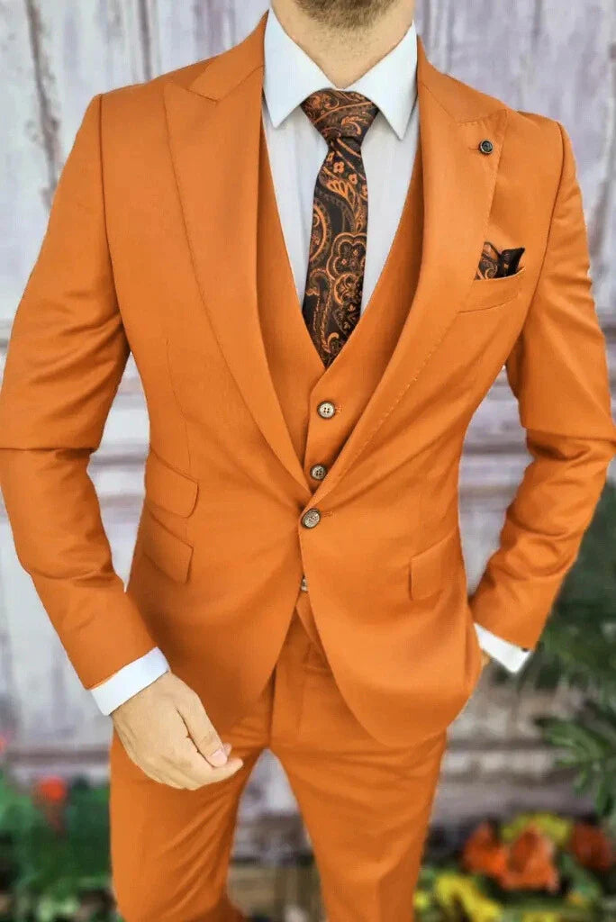 Men vibrant orange suit for wedding and festive occasions-front