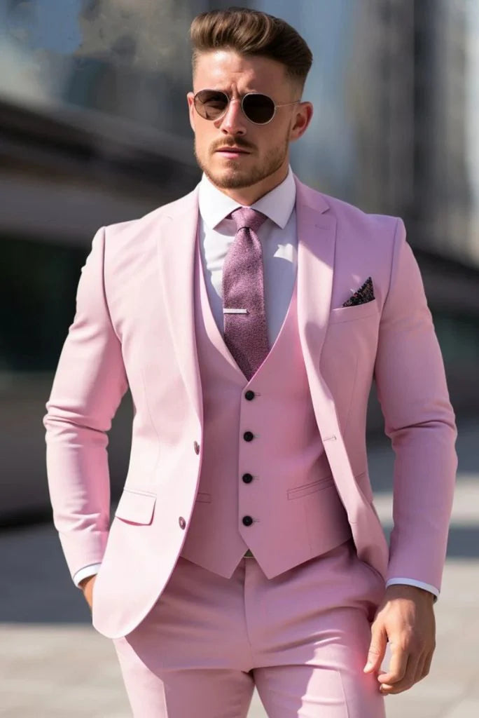 Men pink three piece suit-front