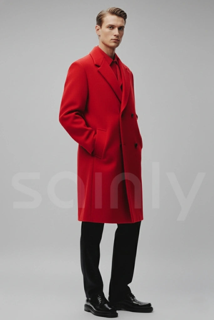 Men wearing red overcoat with classic vintage style-side