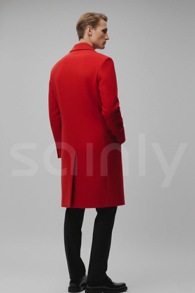 Men red overcoat with classic long design for winter and party wear-back