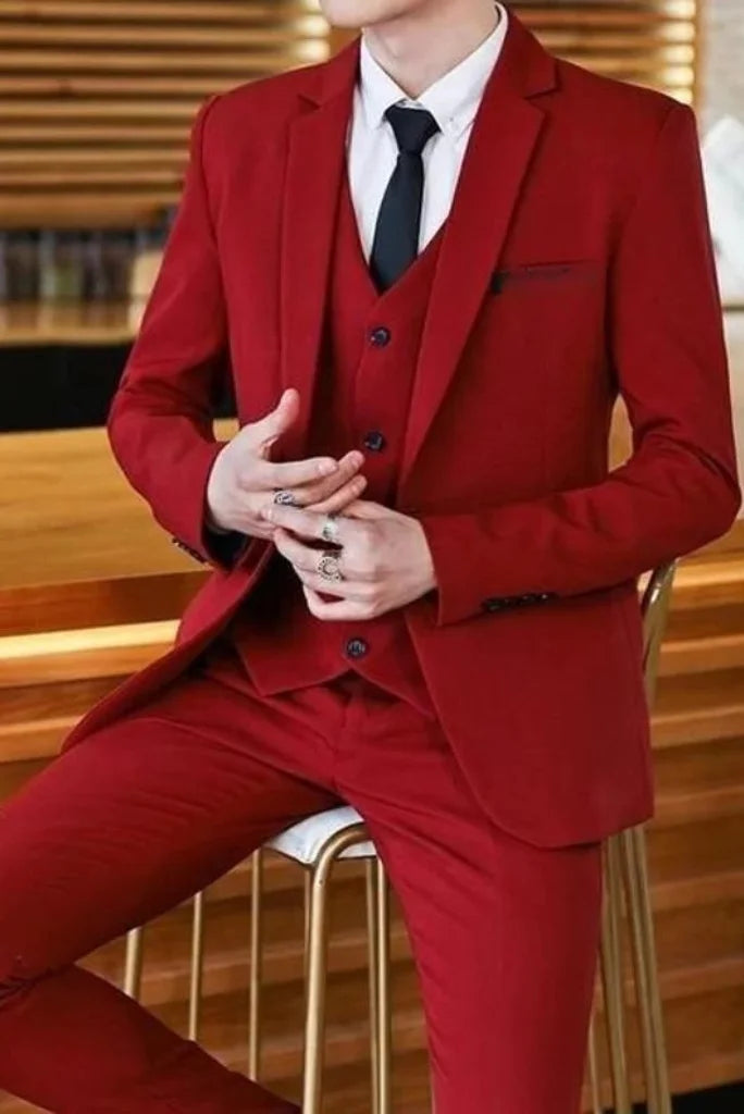 Men red three piece suit-front