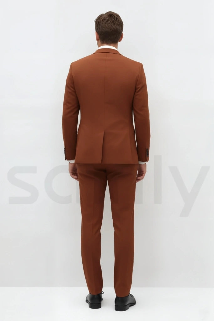 Trendy men’s rust two piece suit for cocktail party-back