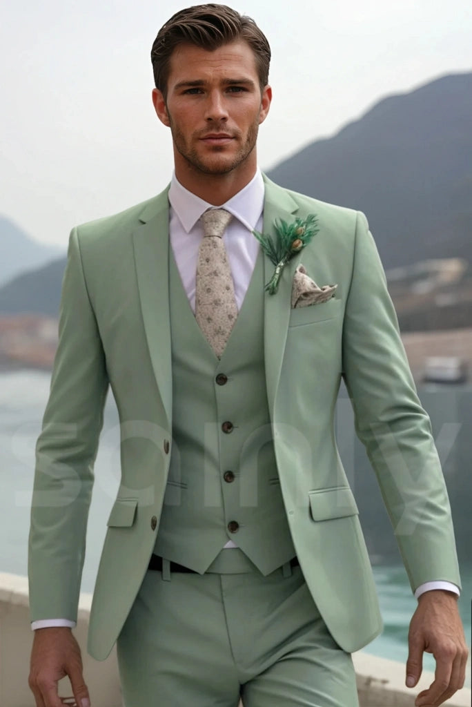 Sage green suit with white shirt, perfect for summer weddings-front
