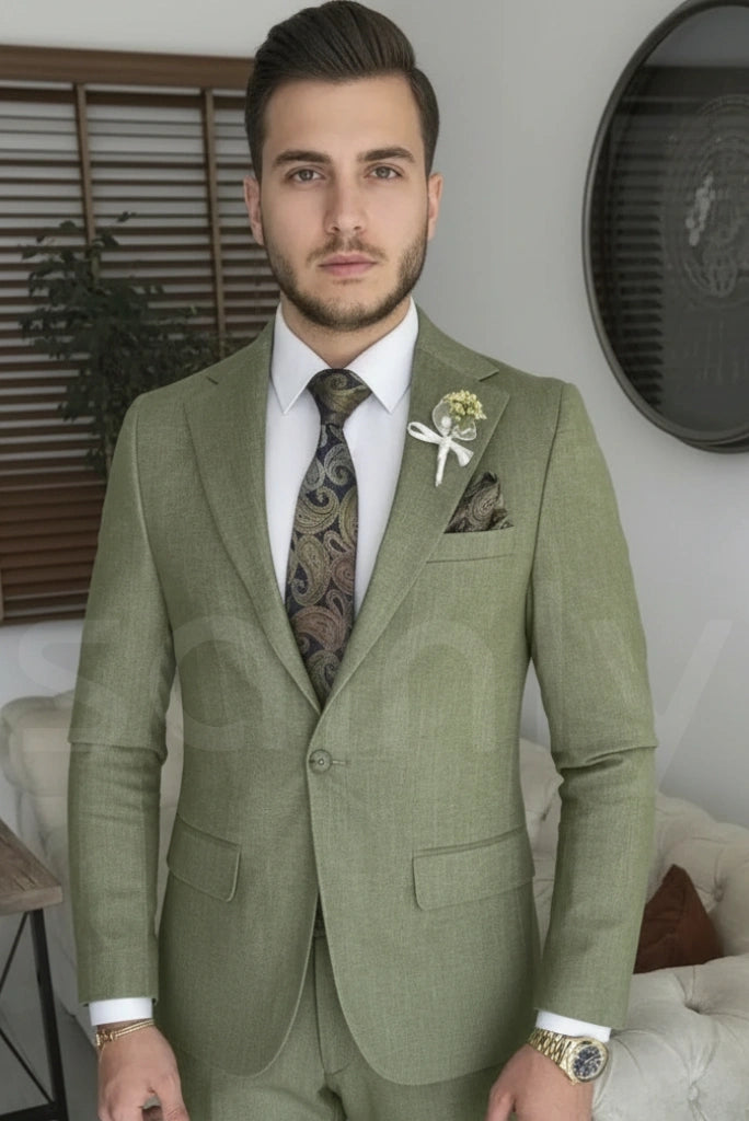 Sage green blazer and trousers set for men-front