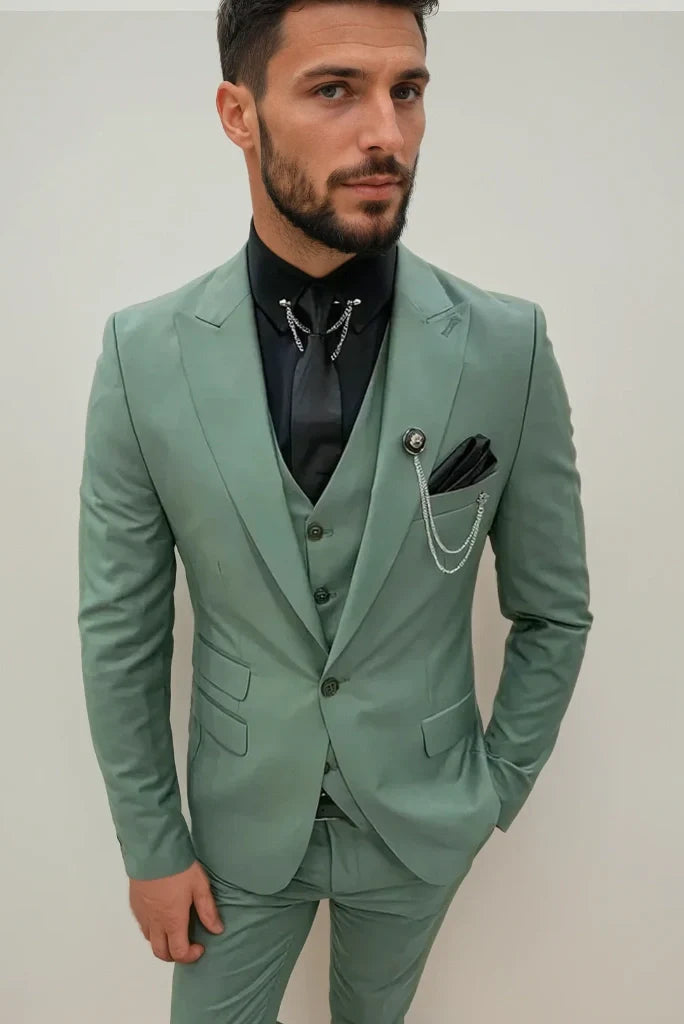 Men's Stylish Sage Green Suit for Weddings, Parties, Cocktail Events and Formal Occasions – 3-Piece Poly-Viscose Slim Fit Suit
