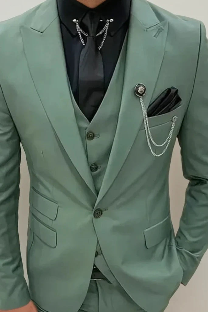 Men's Stylish Sage Green Suit for Weddings, Parties, Cocktail Events and Formal Occasions – 3-Piece Poly-Viscose Slim Fit Suit