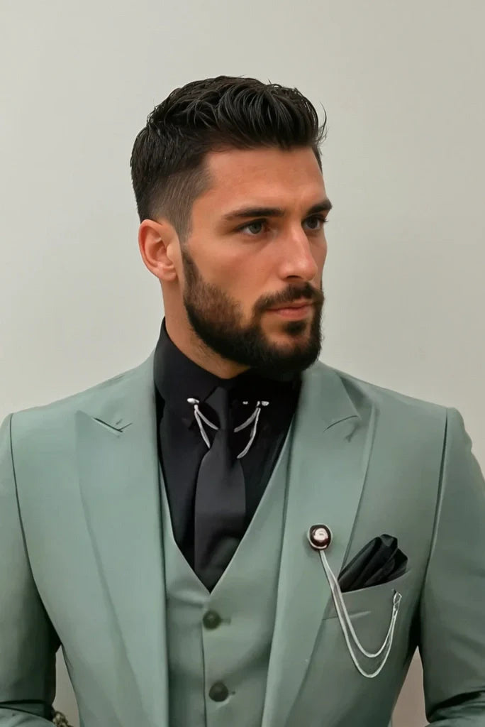 Men's Stylish Sage Green Suit for Weddings, Parties, Cocktail Events and Formal Occasions – 3-Piece Poly-Viscose Slim Fit Suit