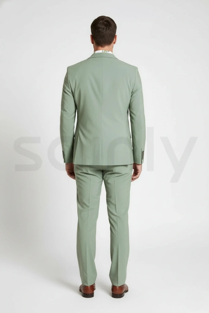 Men sage green two-piece suit with blazer and trousers for formal wear-back