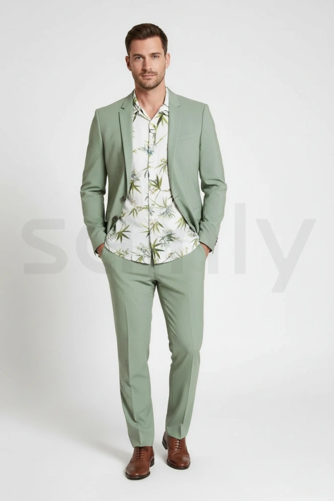 Men sage green blazer and trousers suit-front