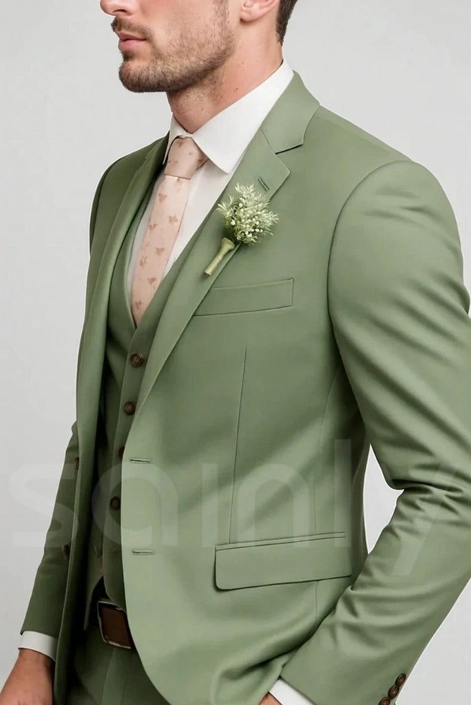 Casual sage green suit, great for beach weddings or destination events-side
