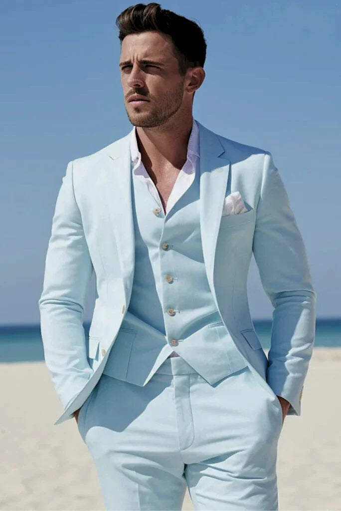 Men Sky Blue Three Piece Stylish Party Wear Suits Front 