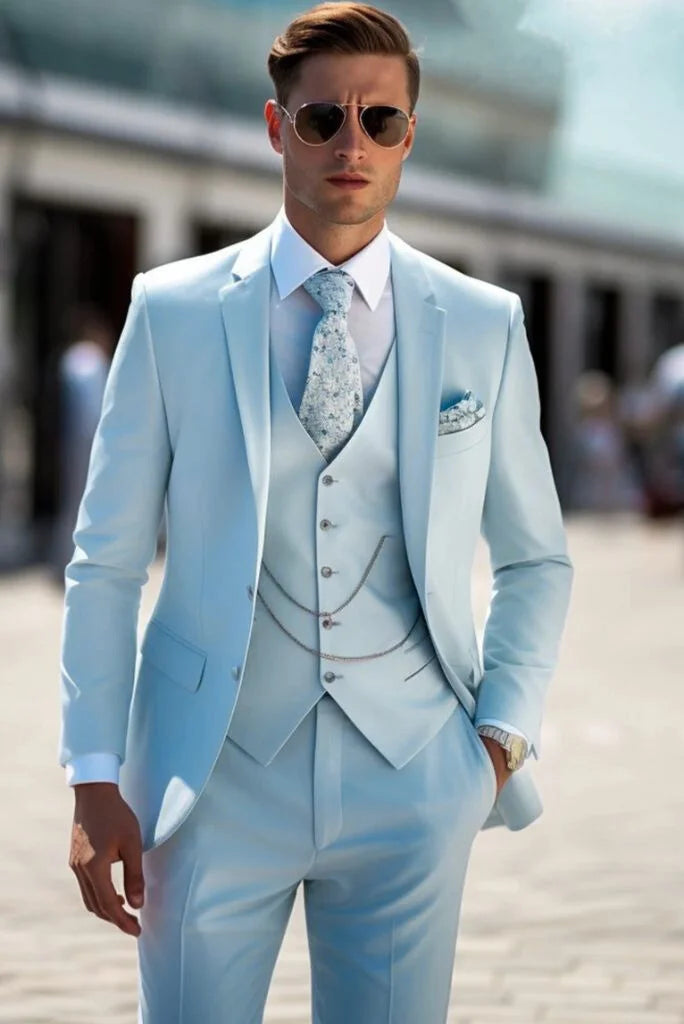 Sky Blue Formal Wedding Three Piece Groom Suit (Front)